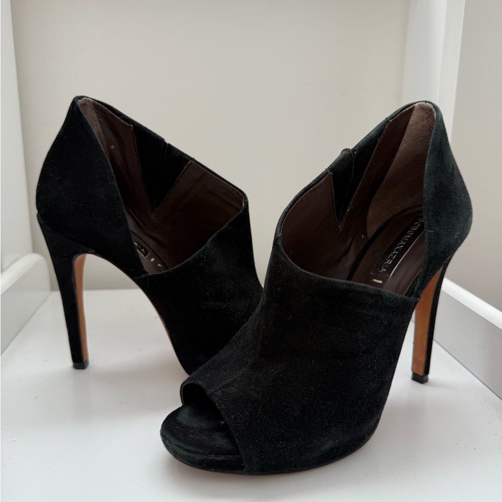 BCBG Black Suede Peep-Toe Heels